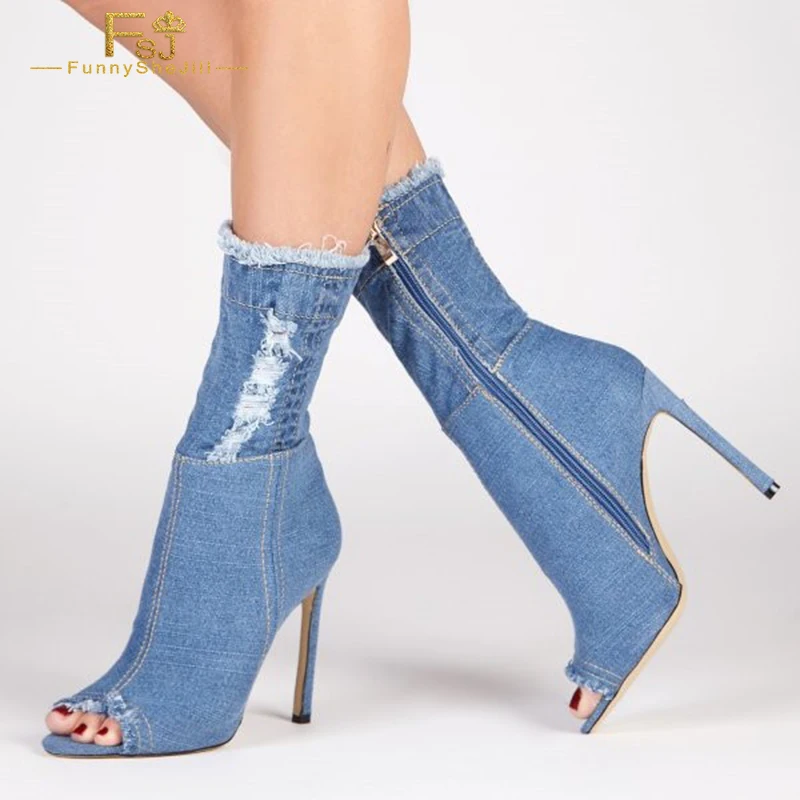 FSJ Women Denim Peep Toe Skinny Summer Boots Fashion Mid Calf Side Zipper High Stiletto Heel Ladies Dress Date Booties 2022
FSJ Women Denim Peep Toe Skinny Summer Boots Fashion Mid Calf Side Zipper High Stiletto Heel Ladies Dress Date Booties 2022