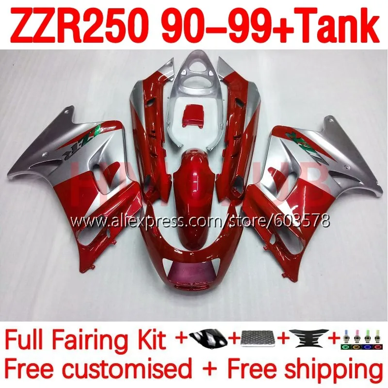 

+Tank red silvery Body For KAWASAKI NINJA ZZR250 ZZR-250 90-99 ZZR 250 1990 1999 90 91 92 93 94 95 96 97 98 99 Fairing 200No.190