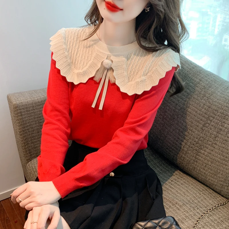 Korean Women Sweater Sweet Peter Pan Collar Stitching Sweater Women Long Sleeve Knit Shirt Fashion Slim Fit Pullovers Bottoming
Korean Women Sweater Sweet Peter Pan Collar Stitching Sweater Women Long Sleeve Knit Shirt Fashion Slim Fit Pullovers Bottoming