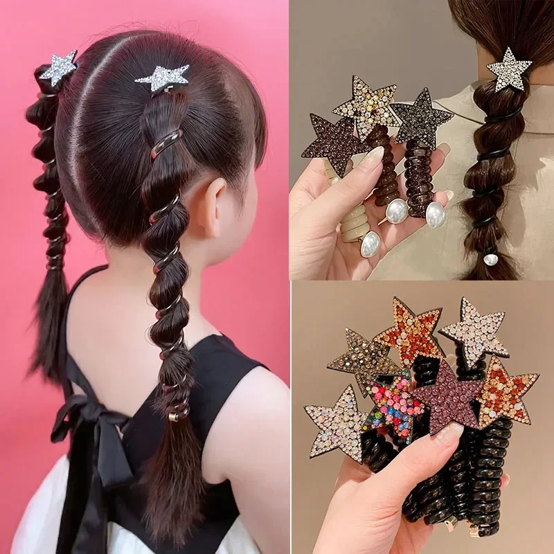 

Y2K Star Heart Pendant Telephone Cord Scrunchies Hair Rope Women Girls Rubber Bands Ponytail Holder Spiral Braided Wire Ties