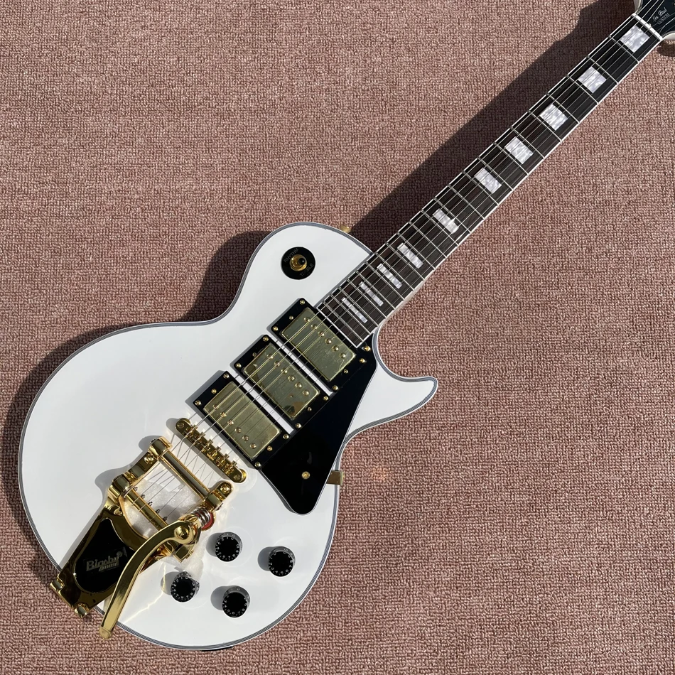

White Custom Electric Guitar with Rosewood Fingerboard, Gold Hardware, 3 Pickups, Bigsby Tremolo Rocker, Free Shipping