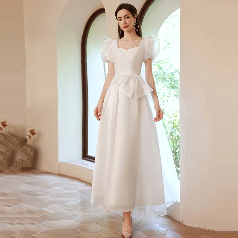 

LAMYA White Chiffion Puff Sleeve Wedding Dresses Elegant Beach Bridal Dress Simple Cocktail Party Gown Plus Size Robe De Soire