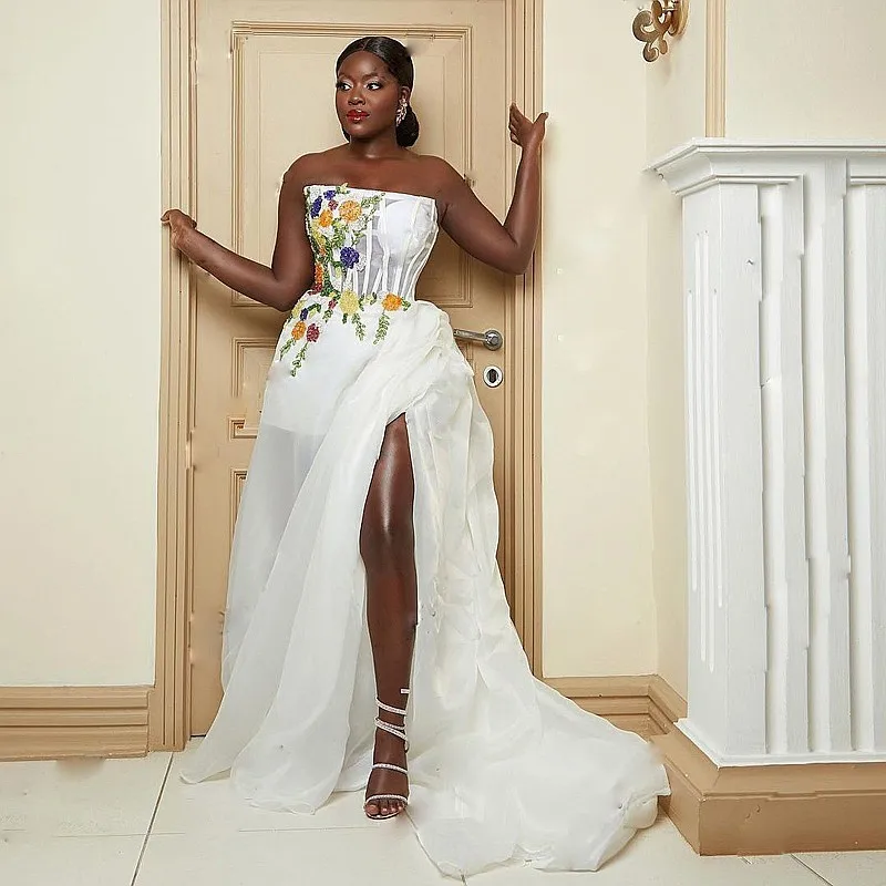 Aso Ebi Wedding Dresses With Flowers Appliques Strapless robe de mariée High Split Mermaid Bridal Dress Beach Simple Gowns
Aso Ebi Wedding Dresses With Flowers Appliques Strapless robe de mariée High Split Mermaid Bridal Dress Beach Simple Gowns