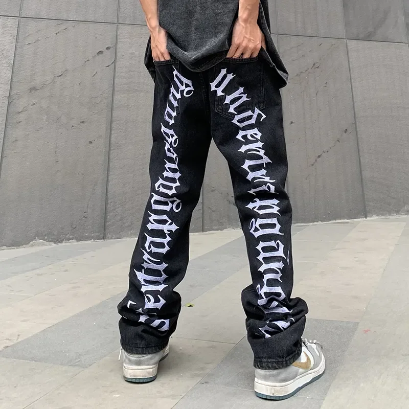 High Street Letter Embroidery Ripped Loose Jeans for Men Hole Washed Harajuku Frayed Straight Black Denim Trousers
High Street Letter Embroidery Ripped Loose Jeans for Men Hole Washed Harajuku Frayed Straight Black Denim Trousers