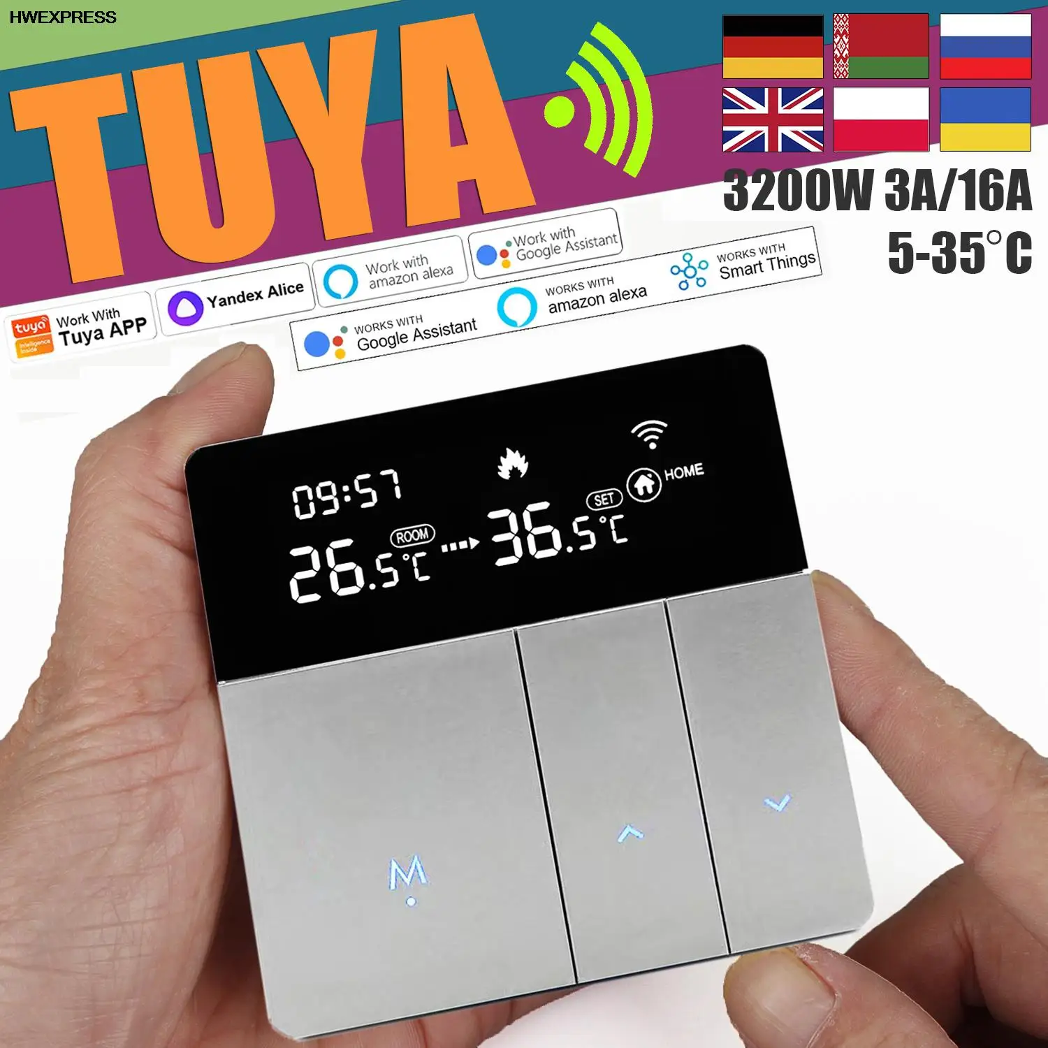 TUYA WIFI Heating Room Thermostat 3A/16A,100/240V For Water Heating/Electric Heating and Gas Boiler,Floor Heating
TUYA WIFI Heating Room Thermostat 3A/16A,100/240V For Water Heating/Electric Heating and Gas Boiler,Floor Heating