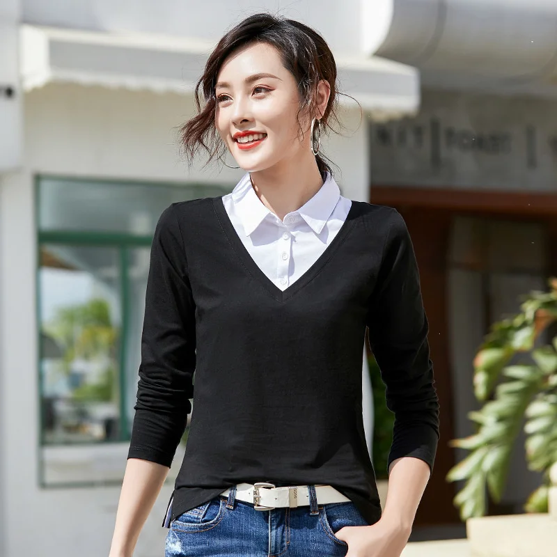 Large women's early autumn new fake two-piece T-shirt Long Sleeve Black and white shirt collar Korean top bottom 6712-1
Large women's early autumn new fake two-piece T-shirt Long Sleeve Black and white shirt collar Korean top bottom 6712-1