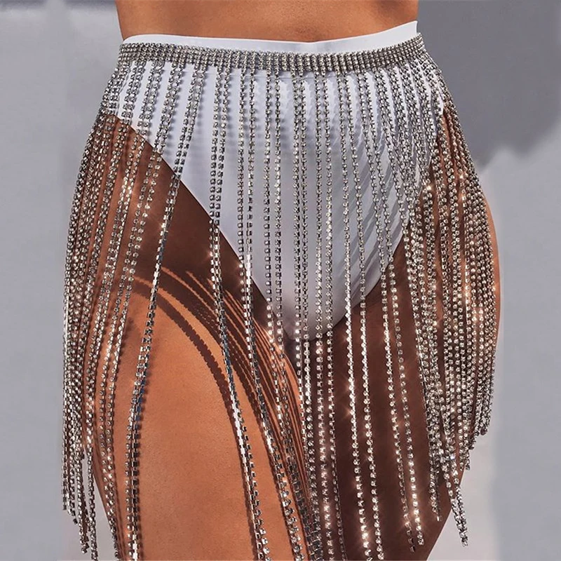 

Luxury Full Rhinestone Fringe Skirt Sexy See Through Nightclub Party Mini Skirts Glitter Diamond Festival Rave Waist Body Chain