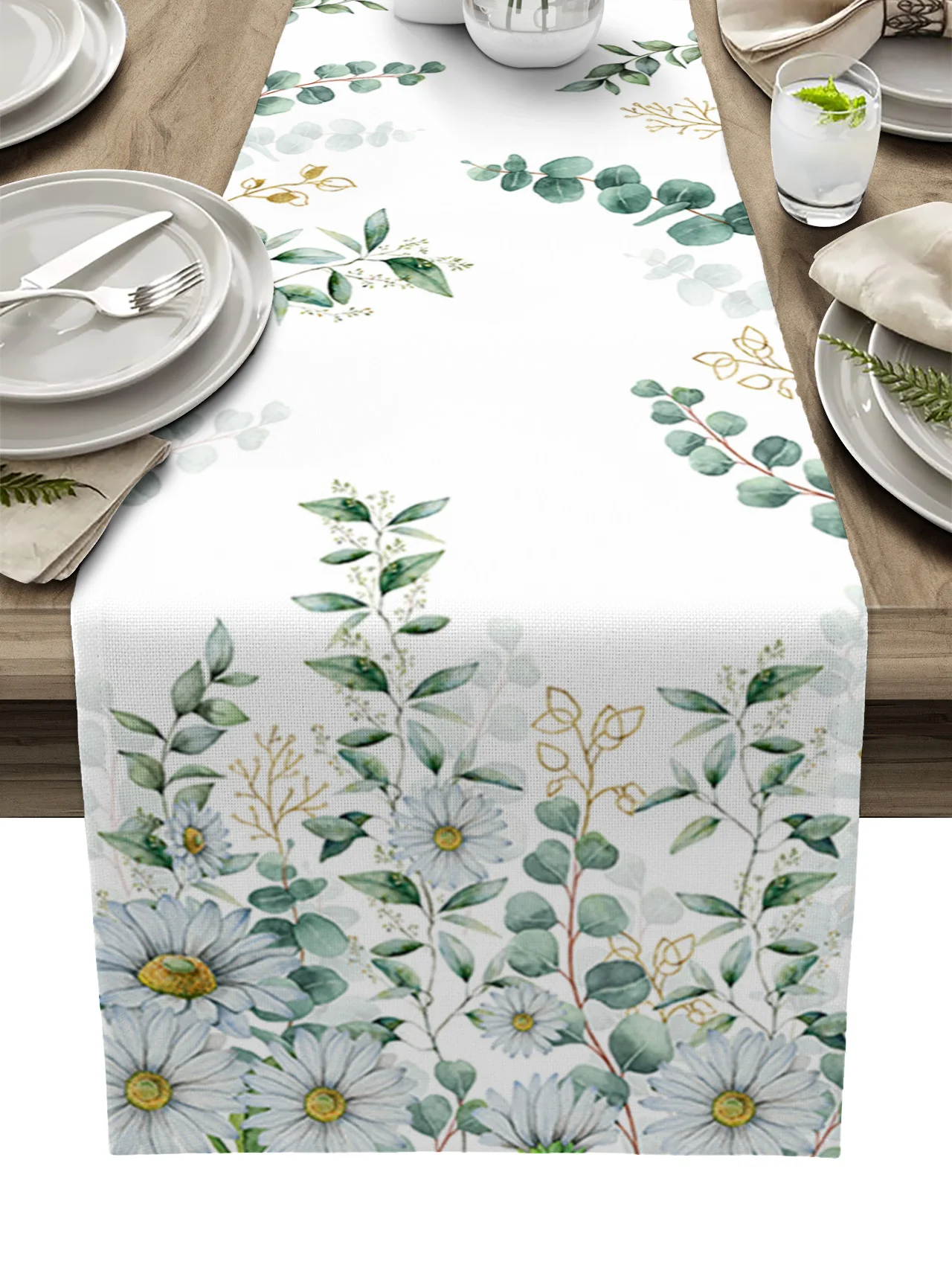 

Rustic Eucalyptus Leaves Daisy Table Runner luxury Kitchen Dinner Table Cover Wedding Party Decor Cotton Linen Tablecloth