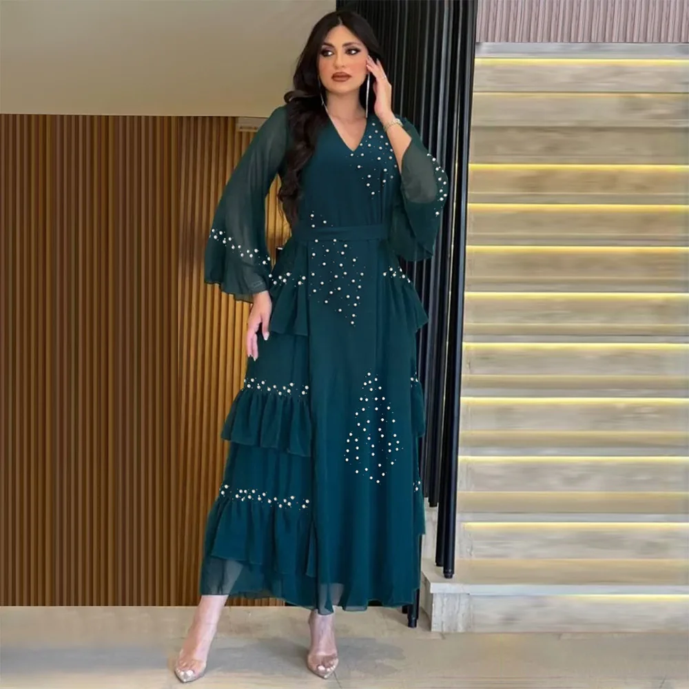 Muslin Dress Dubai Arab Fashion Studded Diamond Summer Chiffon Dress Gown Gurban Festival Abaya V-neck Long Sleeves Dress 
Muslin Dress Dubai Arab Fashion Studded Diamond Summer Chiffon Dress Gown Gurban Festival Abaya V-neck Long Sleeves Dress