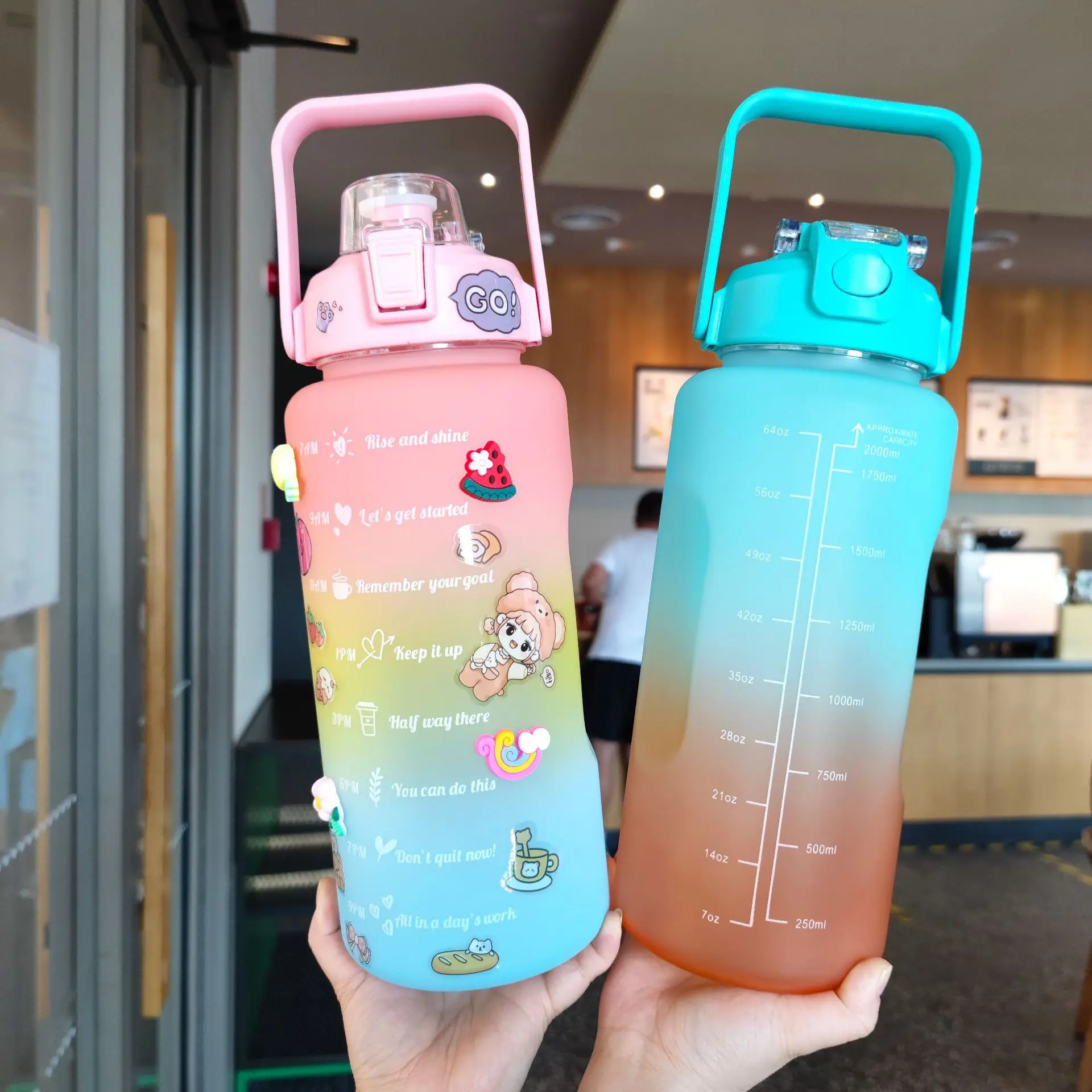 

Water Bottle 2 liters Large-capacity Stickers Drinking Bottle Outdoor Sports Leak-proof Frosted Cup With Time Marker Drinkware