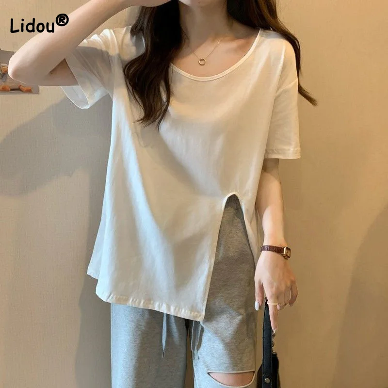 Summer Clothes Casual Round Neck Hem Slit Simplicity Solid Loose Short Sleeve Long Section T-Shirt All-match White Women's Top 
Summer Clothes Casual Round Neck Hem Slit Simplicity Solid Loose Short Sleeve Long Section T-Shirt All-match White Women's Top