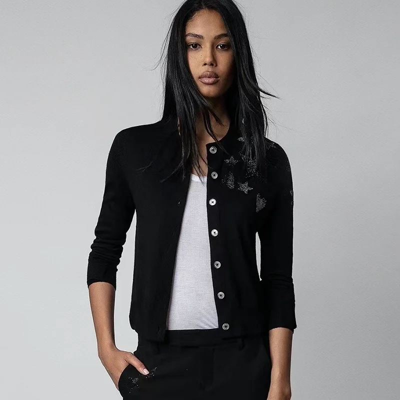 Cashmere 100% Round Neck Knitting Cardigan New Spring 2023 Star Love Hot Drilling Single Breasted Long Sleeved Sweater Women
Cashmere 100% Round Neck Knitting Cardigan New Spring 2023 Star Love Hot Drilling Single Breasted Long Sleeved Sweater Women