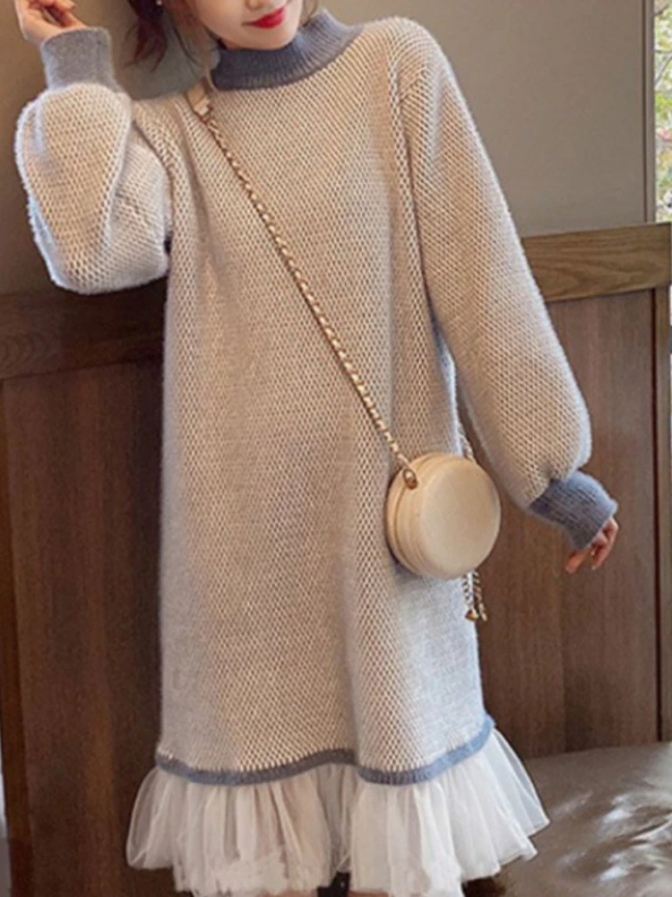 

Женский свитер, новинка сезона осень-зима 2023, корейский стиль, винтажный элегантный пуловер с круглым вырезом, кружевное вязаное свободное женское платье с длинным рукавом