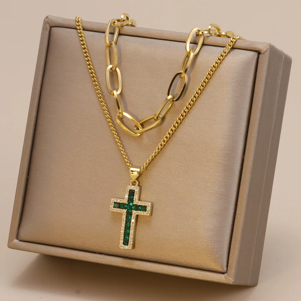 

Hot Selling Cross In Euro-american Double Stainless Steel Cuban Chain Female Emerald Zircon Diamond Pendant Women's Necklace