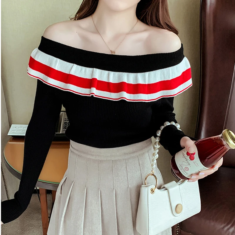 2023 Sexy Slash Neck Off Shoulder Women Sweater Fashion Striped Ruffles Pullover Sweater Spring Autumn Knit Slim Long Sleeve Top
2023 Sexy Slash Neck Off Shoulder Women Sweater Fashion Striped Ruffles Pullover Sweater Spring Autumn Knit Slim Long Sleeve Top