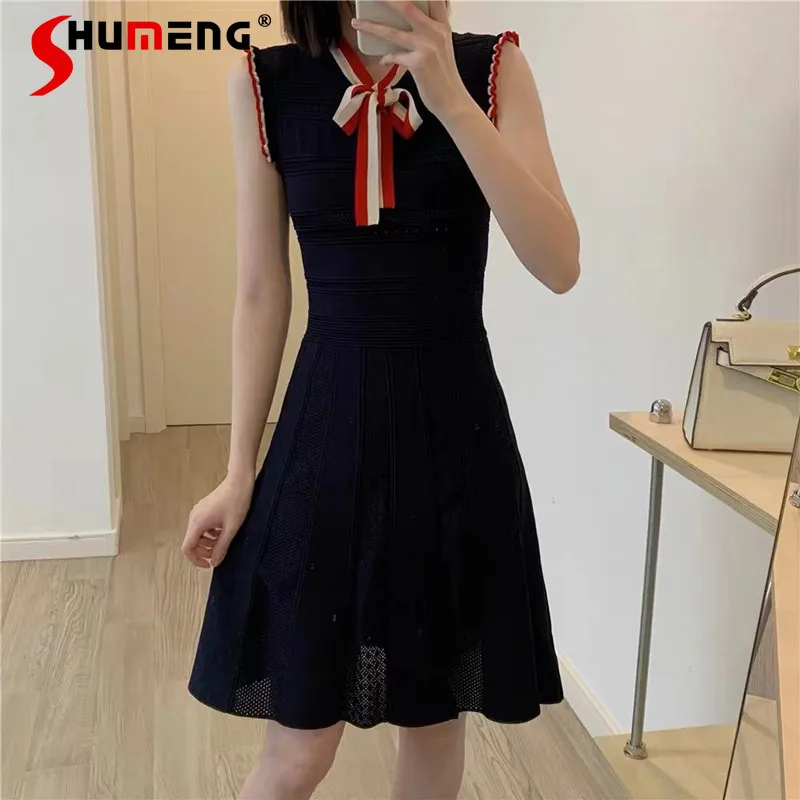 2022 Spring Summer New Women's Elegant Bow Lace Contrast Color Above Knee Dress Ladies Fashion Hollow Sleeveless Knitted Dress
2022 Spring Summer New Women's Elegant Bow Lace Contrast Color Above Knee Dress Ladies Fashion Hollow Sleeveless Knitted Dress