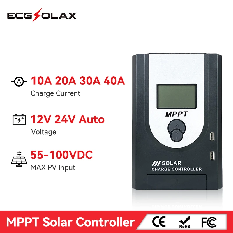 

ECGSOLAX 10A 20A 30A 40A 60A MPPT Solar Charge Controller 12V 24V Auto Solar Panel Regulator 40A With LCD Display PV Max 55VDC