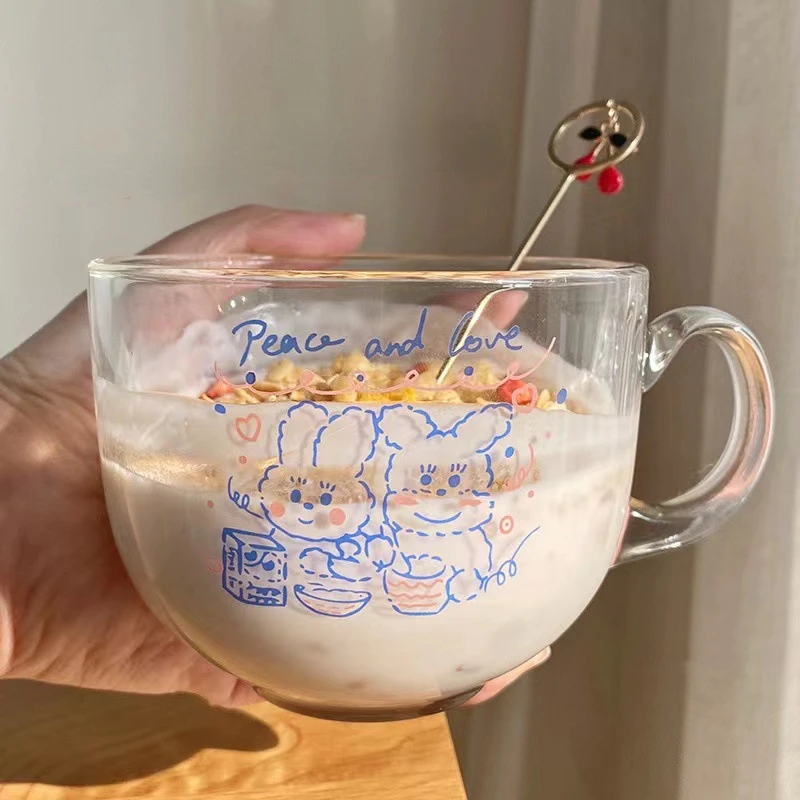 

Korean Cute Transparent Glass Coffee Milk Mug with Handle Home High Capacity Breakfast Mugs Bowl Oatmeal Cereal Cups Gift Cup