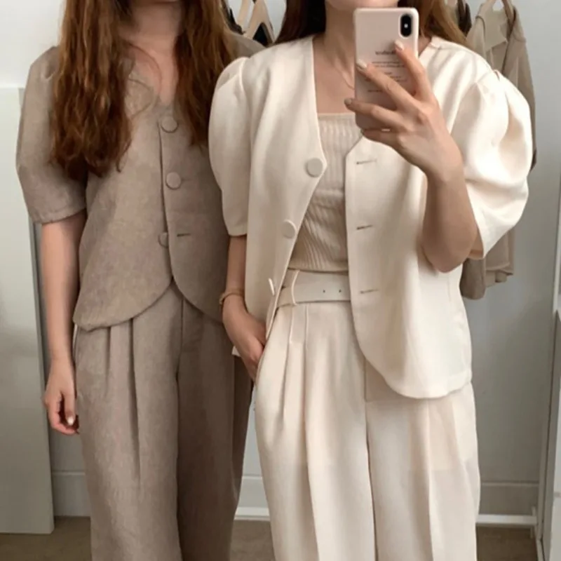 

Loose Wide Leg Pants Khaki Tailored Trousers Casual Summer V Puff Short Sleeve Blazers Short Coat 2piece Sets Suits Vintage 2022
