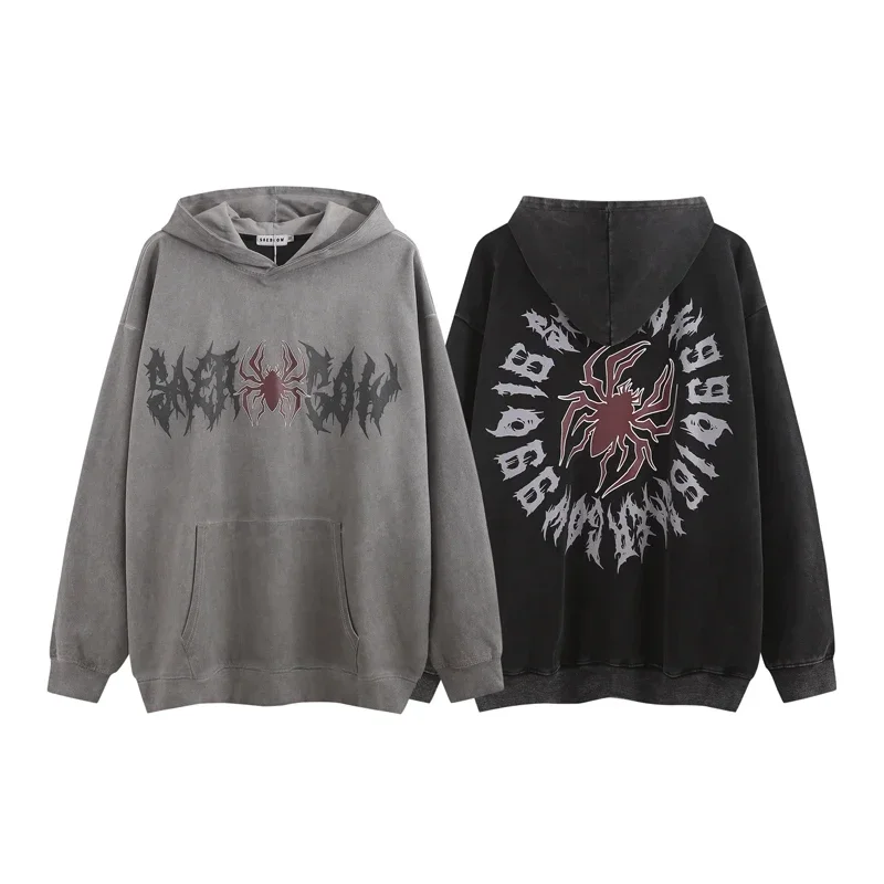 

Y2k Hip Hop Men's Streetwear Hoodies Retro Washed Black Gray Clothing Spider Flame Pattern Sweatshirts For Men Pullover Kanye