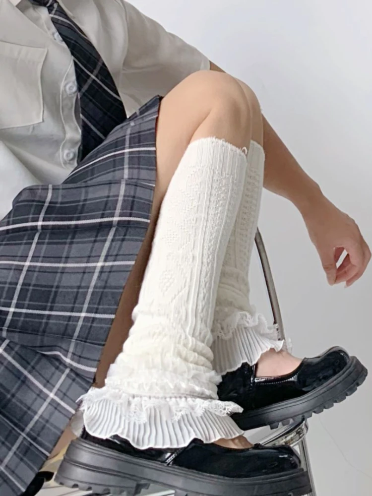 

Women Knit Leg Warmers Boot Cuffs Knit Socks Harajuku Japanese JK Kawaii Lace Ruffle Long Warmer Socks Flared Lolita