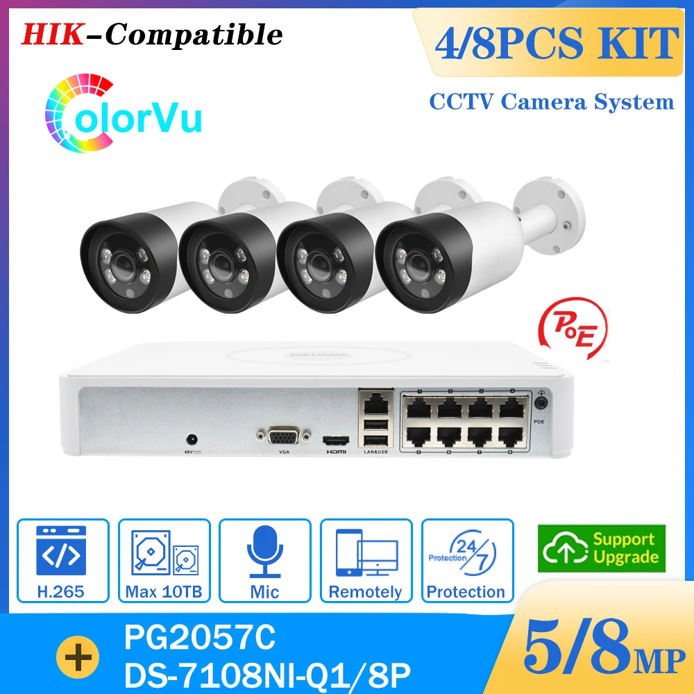 Фото Совместимая система видеонаблюдения Hikvision 8 каналов 4K POE NVR H265 IP66 микрофон