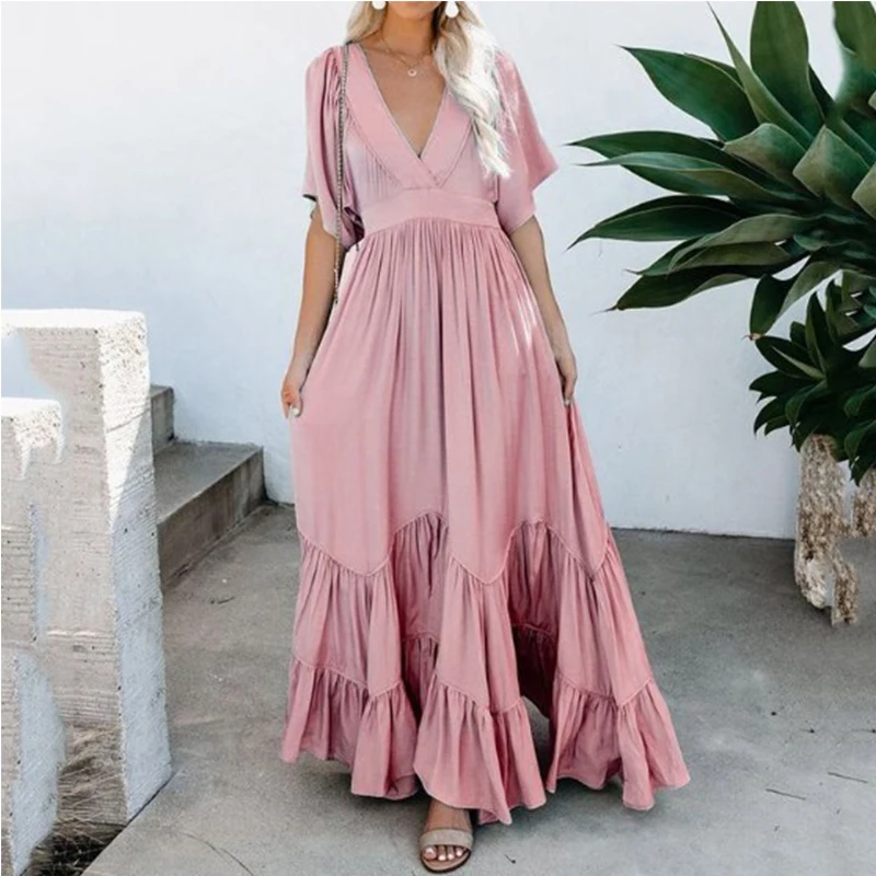 Casual Long Dress for Women Short Sleeve V Neck Ruffles Maxi Dress Elegant High Waist Beach Flowy Loose Summer Bohemian Dresses
Casual Long Dress for Women Short Sleeve V Neck Ruffles Maxi Dress Elegant High Waist Beach Flowy Loose Summer Bohemian Dresses