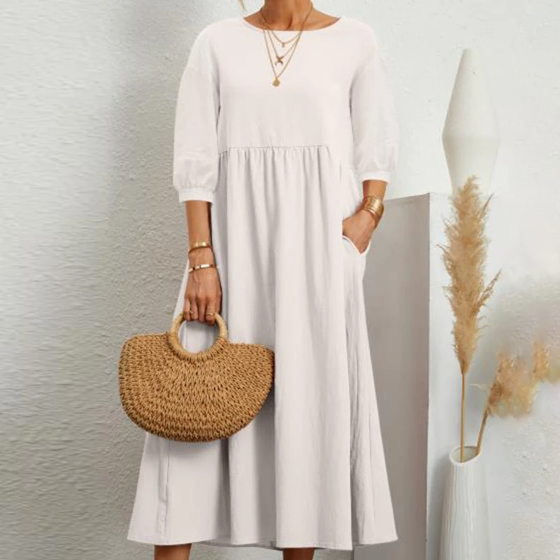 Простое платье с карманами, повседневное элегантное пляжное праздничное платье, новое женское однотонное модное Свободное платье с рукава...