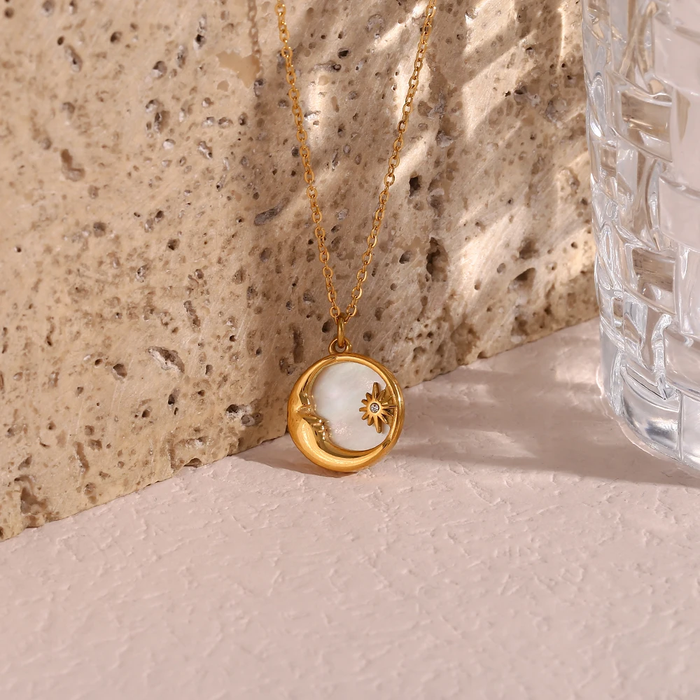 Natural Mother Of Pearl Casting Moon Star Circle Coin Necklace For Woman 18K Gold Plated Stainless Steel Jewelry For Women
Natural Mother Of Pearl Casting Moon Star Circle Coin Necklace For Woman 18K Gold Plated Stainless Steel Jewelry For Women
