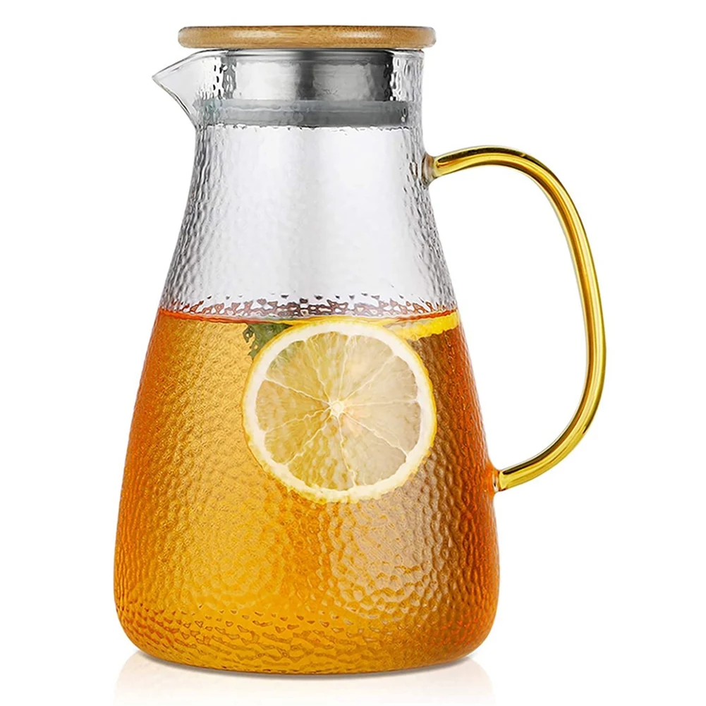 

60 OZ Glass Pitcher With Stainless Steel Lid - Water Carafe With Handle - Good Beverage Glass Jug For Homemade Juice
