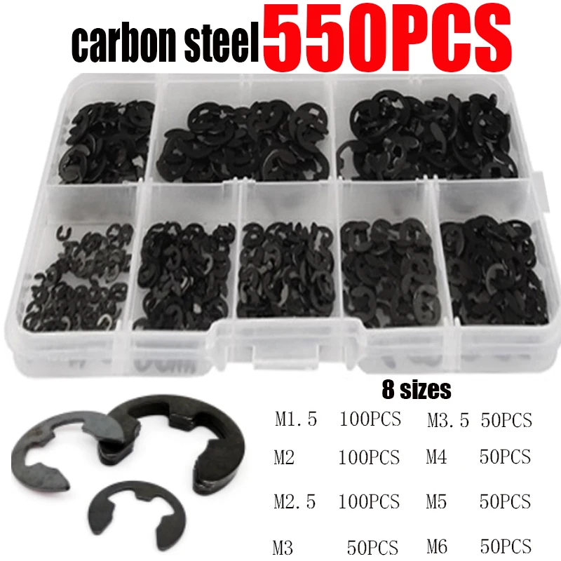 550pcs M1.5 M2 M2.5 M3 M3.5 M4 M5 M6 E-Clip Washers Circlip Retaining Ring Sack Retainer Buckle-shaped Split Washers kit
550pcs M1.5 M2 M2.5 M3 M3.5 M4 M5 M6 E-Clip Washers Circlip Retaining Ring Sack Retainer Buckle-shaped Split Washers kit