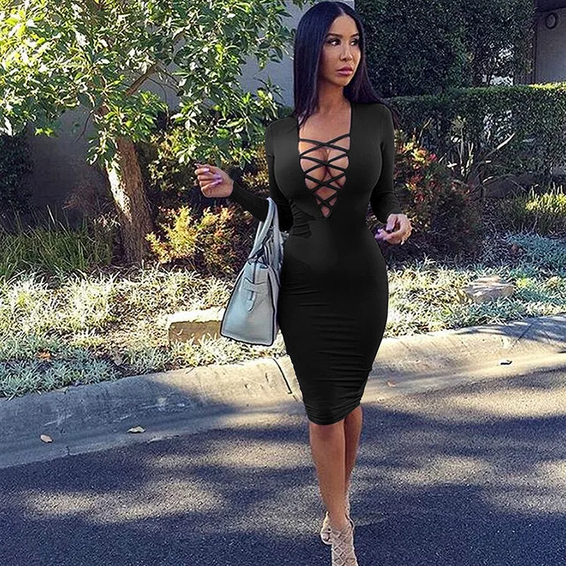 Autumn Winter Women Sexy Deep V Neck Bodycon Dress Fashion Line Cross Long Sleeve Skinny Penicl Dresses Casual Slim Cutout Dress
Autumn Winter Women Sexy Deep V Neck Bodycon Dress Fashion Line Cross Long Sleeve Skinny Penicl Dresses Casual Slim Cutout Dress