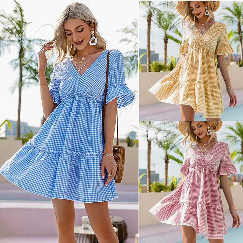 Spring Autumn Sexy V-Neck Slack Plaid Dress 2022 Casual Loose Ruffled Sleeves Ladies Mini Dresses Elegant Short Sleeve Vestidos
Spring Autumn Sexy V-Neck Slack Plaid Dress 2022 Casual Loose Ruffled Sleeves Ladies Mini Dresses Elegant Short Sleeve Vestidos