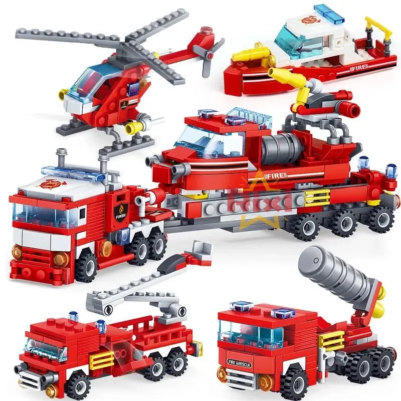 

Пожарная машина 4 в 1, 348 шт., грузовик, вертолет, лодка, строительные блоки, фигурки городских пожарных, человеческие блоки, детские игрушки