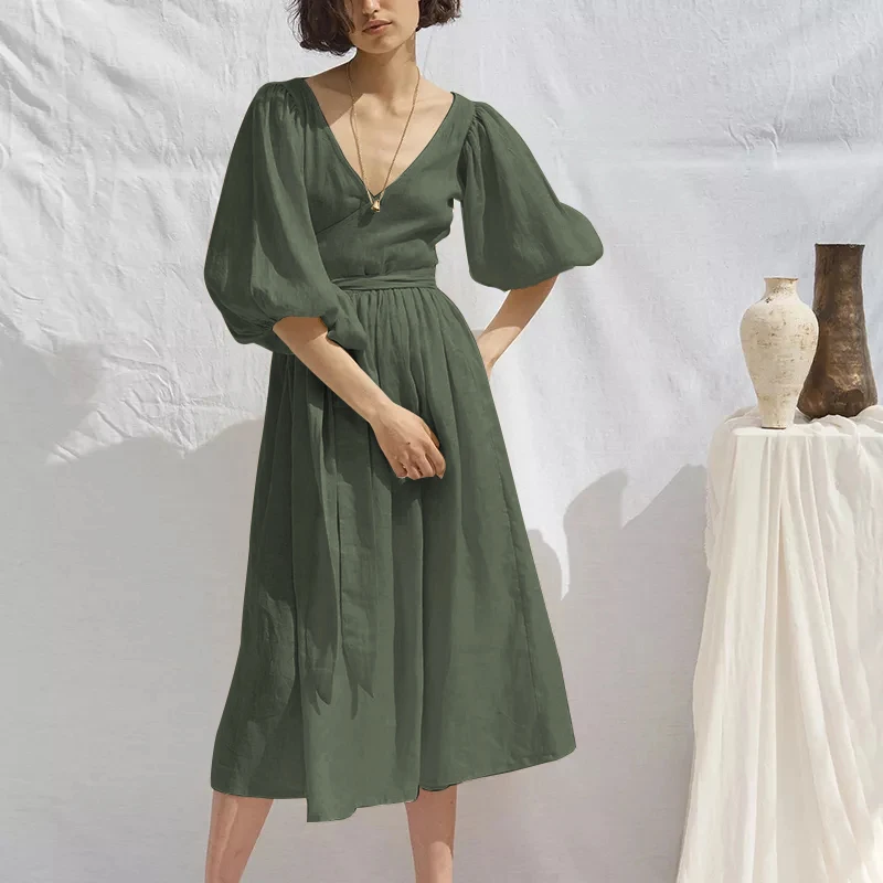 Emay Korean Fashion Cotton Linen Summer Women Dress Yellow Casual Puff Sleeve V-Neck Bandage Holiday Beach Party Dress Vestido 
Emay Korean Fashion Cotton Linen Summer Women Dress Yellow Casual Puff Sleeve V-Neck Bandage Holiday Beach Party Dress Vestido