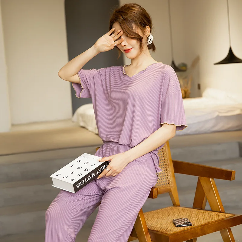 

Women's Pajamas Set 2 Pieces V-neck Edible Tree Fungus Sleepwear Modal Short Sleeve Top&Pants Suits Summer Loose Home Clothes