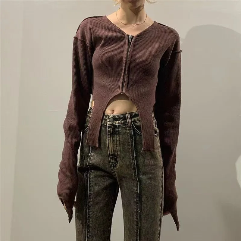 Rib knit irregular open navel zipper cardigan long sleeved top women's spice girl street shooting outside T-shirt PD
Rib knit irregular open navel zipper cardigan long sleeved top women's spice girl street shooting outside T-shirt PD