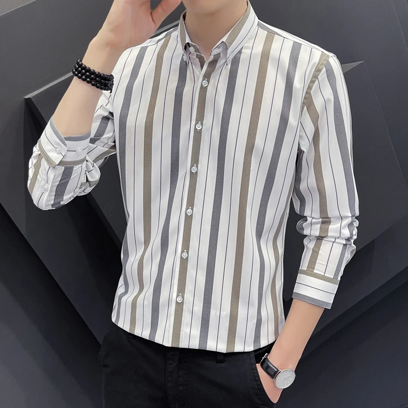 2022 spring and autumn long sleeve business casual vertical stripe elastic no iron trend versatile shirt men's slim shirt 
2022 spring and autumn long sleeve business casual vertical stripe elastic no iron trend versatile shirt men's slim shirt