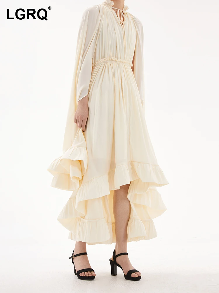 

LGRQ Trendy Asymmetric Hem Design Women Cloak Sleeve Dresses Party Lace Pleat Original High Quality Long Skirt 2023 New 19J4498