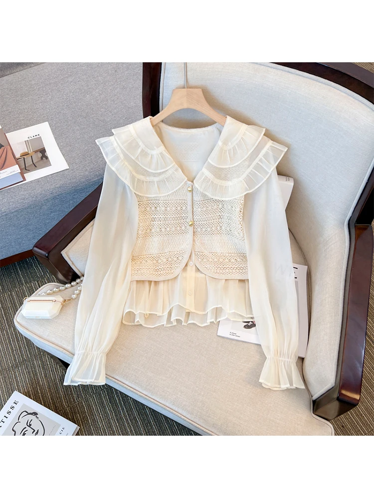 Women Autumn Winter New Pleated Peter Pan Collar Patchwork Thin Section Ruffle Blouses Puff Long Sleeve Hollow Out Knitted Tops
Women Autumn Winter New Pleated Peter Pan Collar Patchwork Thin Section Ruffle Blouses Puff Long Sleeve Hollow Out Knitted Tops