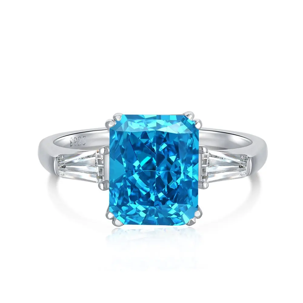 

S925 Sterling Silver Sea Blue Treasure Ring Female Rectangular Ice Flower Cut High Carbon Diamond Live Broadcast with the Same I