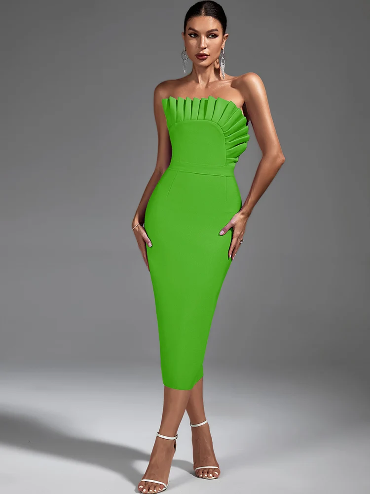 

Зеленое Бандажное платье, женское платье средней длины, облегающее элегантное Привлекательное платье с оборками без бретелек, вечерние Клубные наряды на день рождения, лето