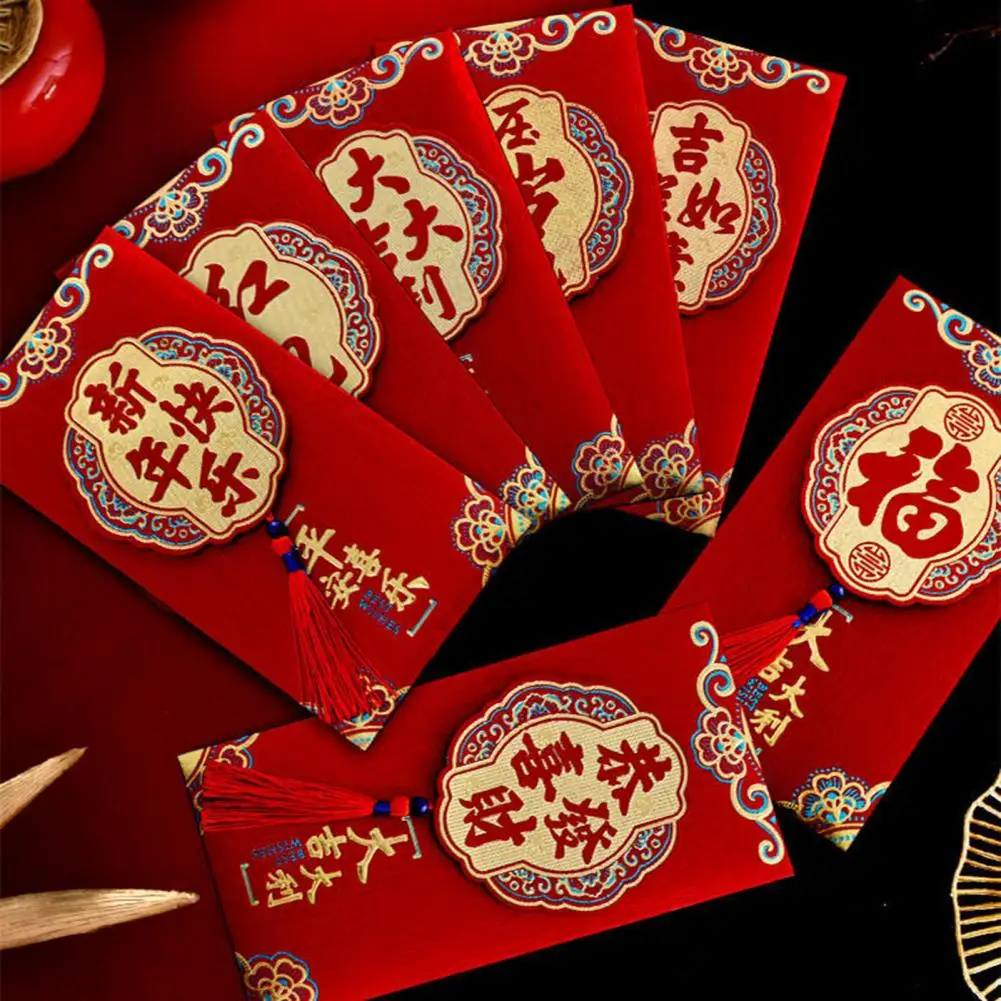 

Красный конверт с кисточкой, 2 шт., бумажные бронзовые слова благословения, 2023 год лунного кролика, китайский счастливый карман для денег для друзей