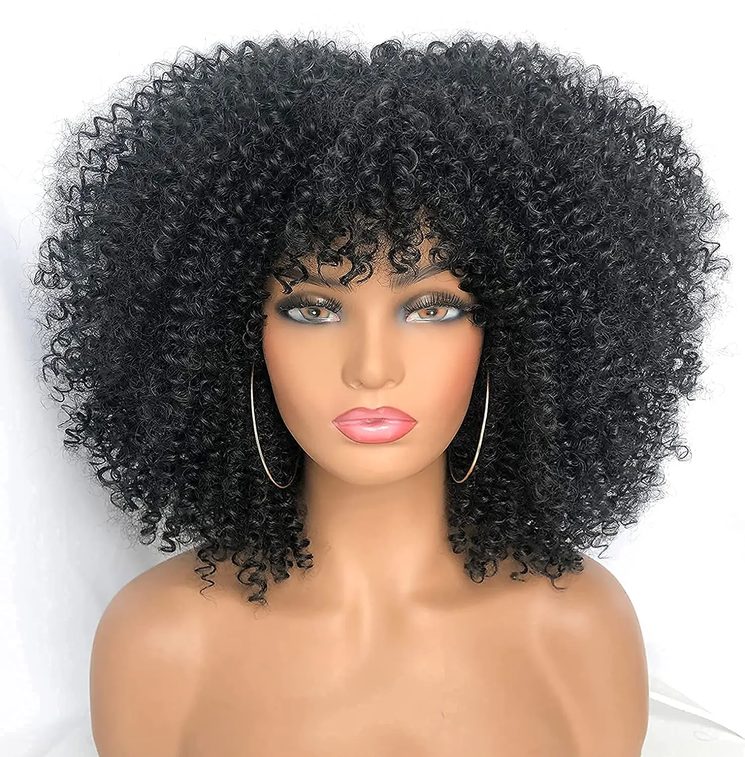 

Curly Wigs for Black Women Black Afro Bomb Curly Wig with Bangs Synthetic Fiber Glueless Long Kinky Curly Hair