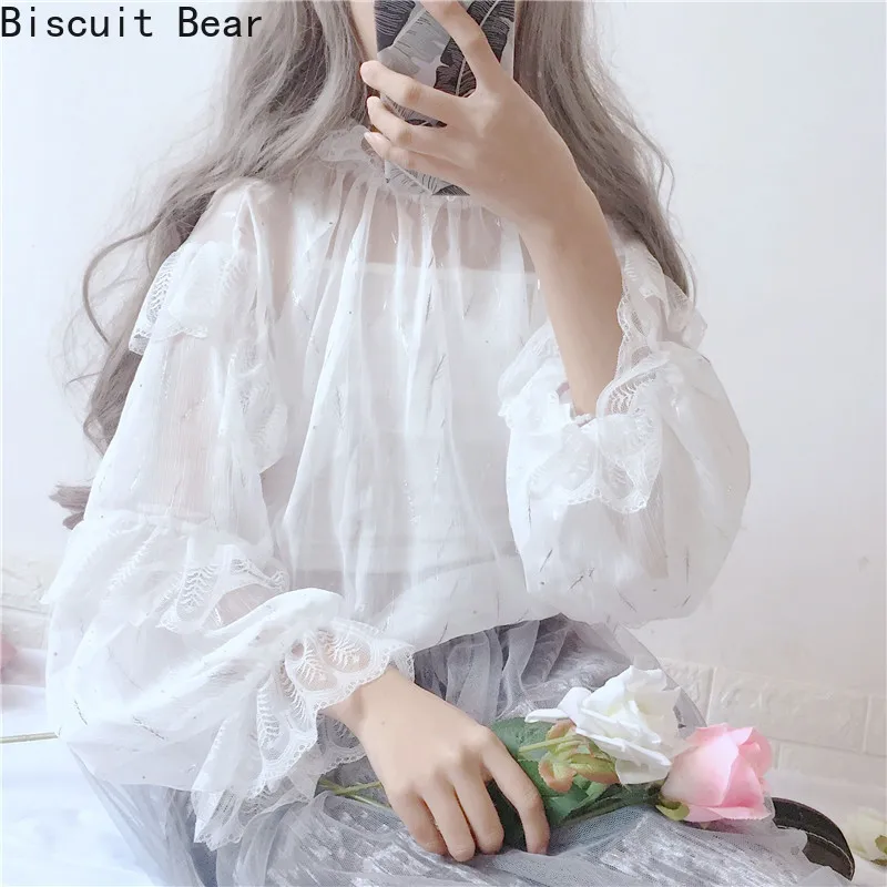 Japanese Lolita Style Spring Autumn Women Blouse White Pink Shiny Ruffles Female Blusa Cute Kawaii 2 Pcs Chiffon Shirt With Lace
Japanese Lolita Style Spring Autumn Women Blouse White Pink Shiny Ruffles Female Blusa Cute Kawaii 2 Pcs Chiffon Shirt With Lace