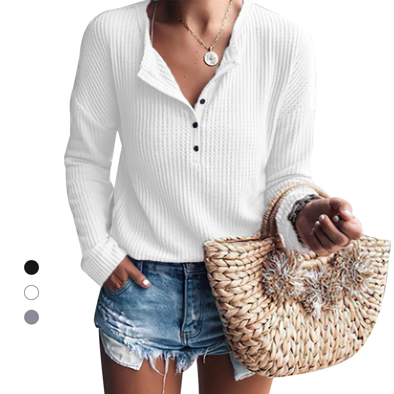 Autumn Casual T Shirt Women Tunic Tops Long Sleeve Basic Cotton Button Up V Neck Solid Loose Waffle Knit Henley Shirts Femme
Autumn Casual T Shirt Women Tunic Tops Long Sleeve Basic Cotton Button Up V Neck Solid Loose Waffle Knit Henley Shirts Femme