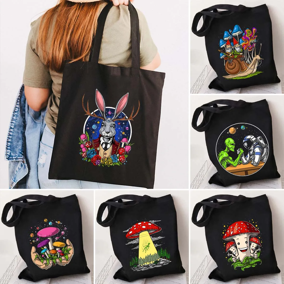 

Forest Magic Psychedelic Aliens Stoners Hippie Skull Mushroom Men Women Cotton Shopping Shoulder Canvas Tote Bag Shopper Handbag