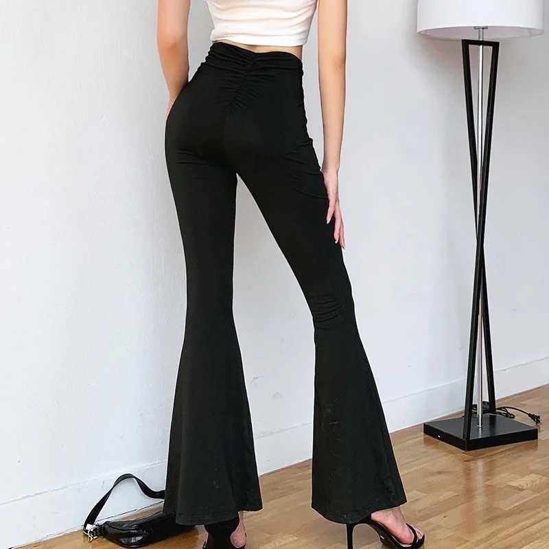 

Black Solid Color High Waist Tight-fitting Flared Pants Women 2023 Slim-fit Buttocks Female Snakeskin Spring Stretch Trousers