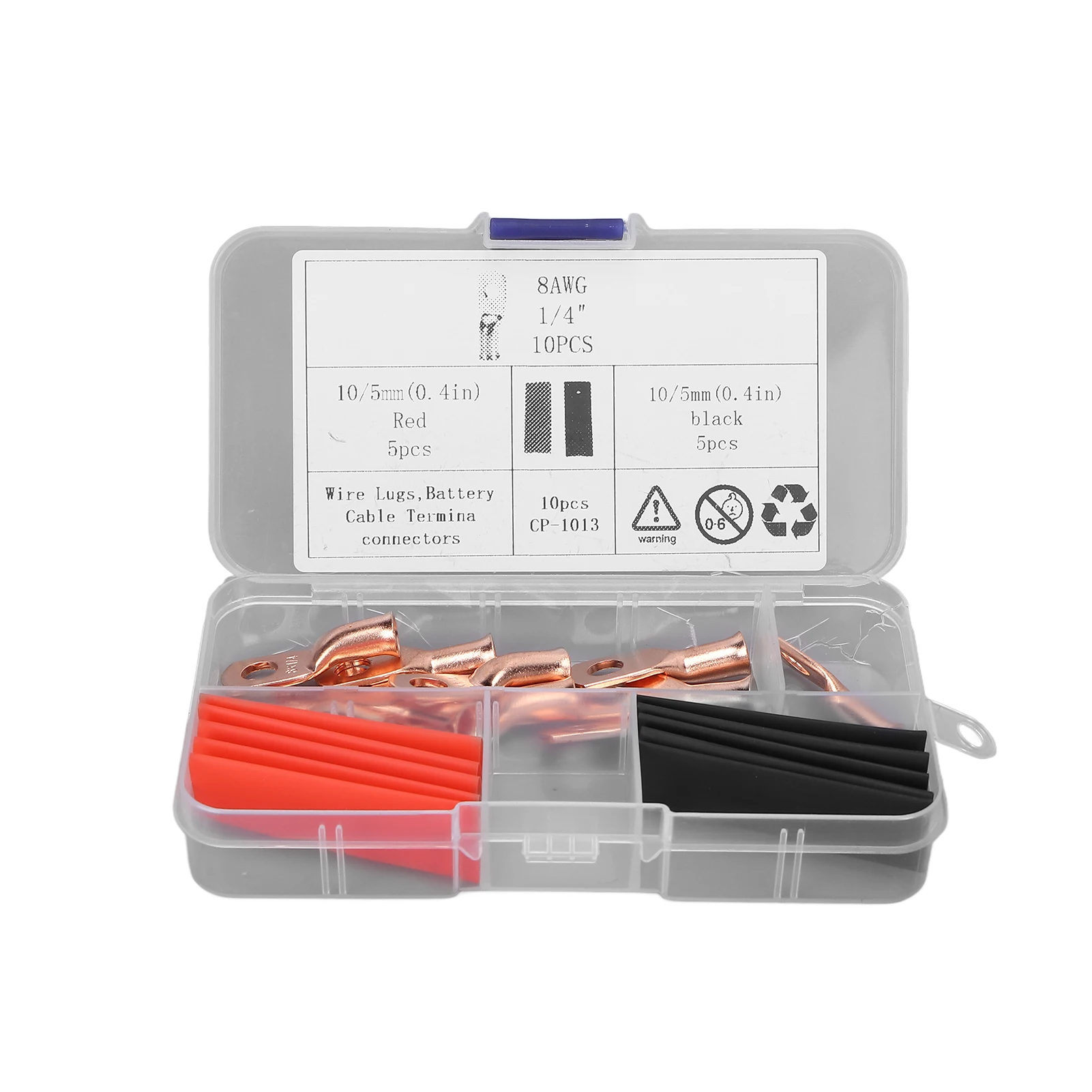 10pcs AWG 8x1/4 Copper Wire Lugs Battery Terminal Connectors Cable Ends with 10pcs Heat Shrink Tubing
10pcs AWG 8x1/4 Copper Wire Lugs Battery Terminal Connectors Cable Ends with 10pcs Heat Shrink Tubing