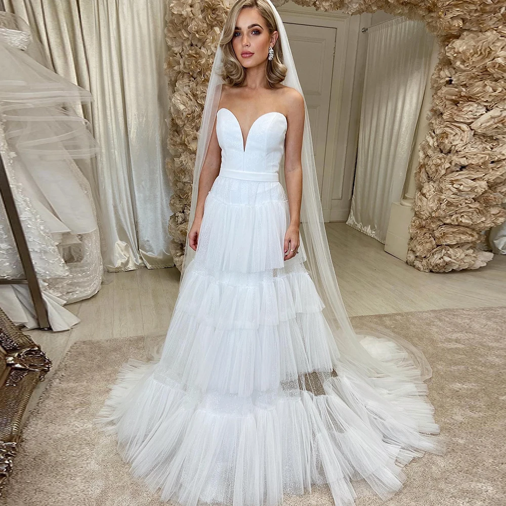 

Tulle Wedding Dresses For Women 2022 Ivory Sweetheart A-Line Long Wedding Gowns Sweep Train Sexy Bride Dress vestidos de novia